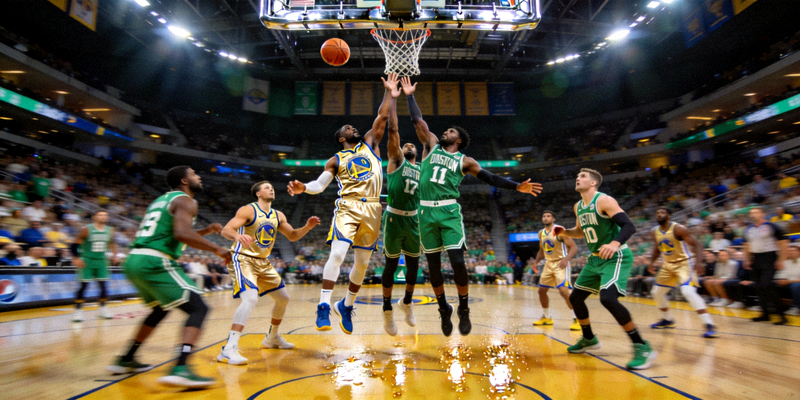 NBA总决赛第七场，金州勇士队与波士顿凯尔特人队球员争抢篮板